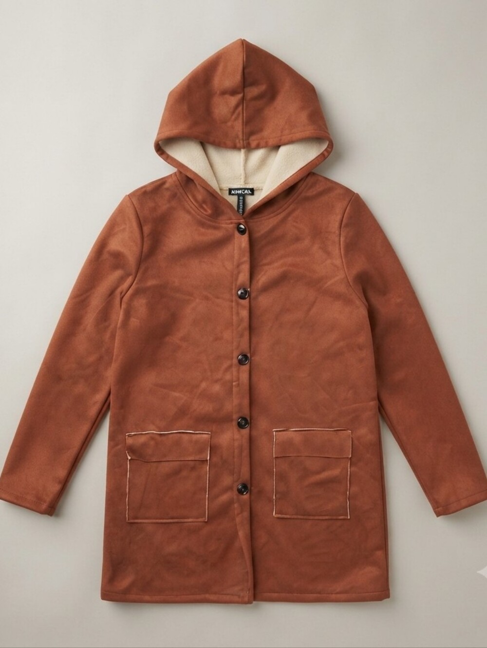 Noracora Brown Faux Suede Sherpa Lined Hooded Long Jacket Coat Medium M